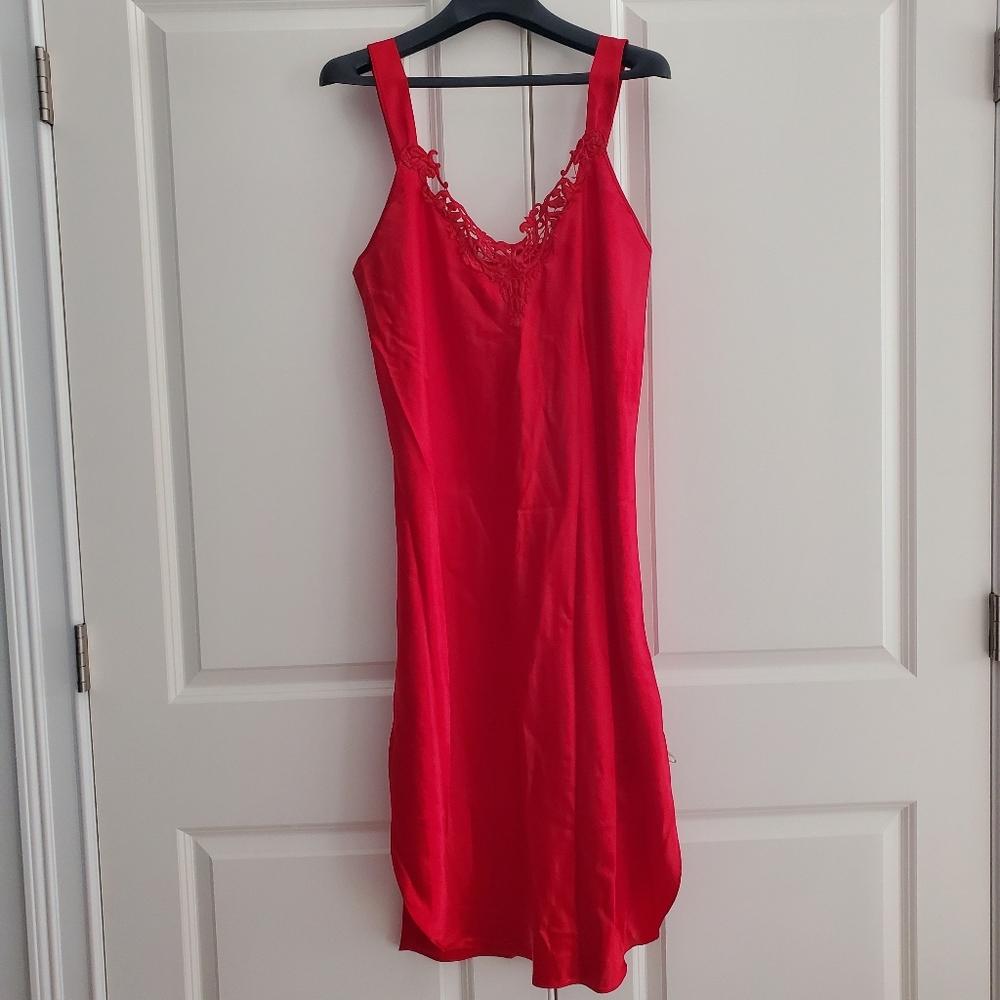 Vintage Inner Most chemise women's lace trim red nightgown dress, L, romantic